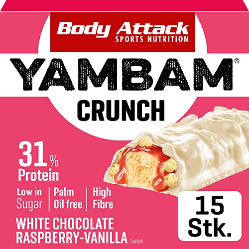 Body Attack YAMBAM Crunch Protein Riegel White Chocolate Raspberry Vanilla (15 x 55 g), Protein Riegel Low Sugar & High Protein, Eiweißriegel mit Schokobezug von Body Attack Sports Nutrition