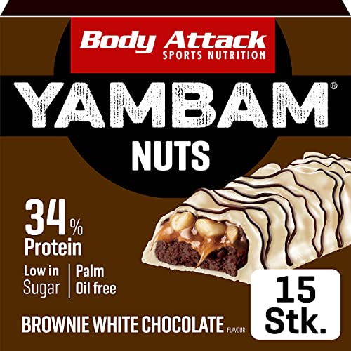 Body Attack YAMBAM NUTS Brownie White Chocolate, 15 x 55g, Proteinriegel mit mehr als 30% Eiweiß, Fitness-Riegel ohne Zuckerzusatz und ohne Aspartam von Body Attack Sports Nutrition