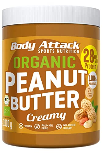 Body Attack Organic Peanut Butter Creamy, 1kg, Bio-Erdnussbutter ohne Palmöl, Erdnussmus vegan, ungesüßt, 28% Protein von Body Attack