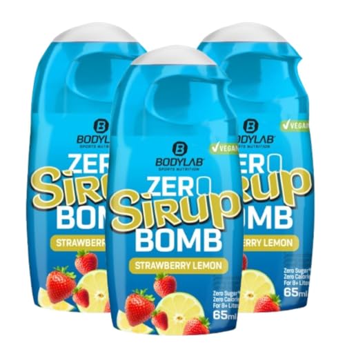 Bodylab24 ZERO Sirup BOMB Strawberry Lemon, 3 x 65ml, zuckerfrei und praktisch ohne Kalorien, mit nur 1kcal je 100ml Wasser-Sirup-Mischung, hochkonzentriert, für 8 l Fertiggetränk von Bodylab24