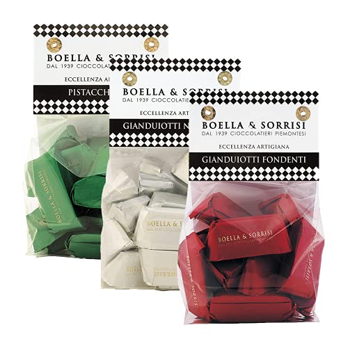 Boella & Sorrisi, Probierpaket Gianduiotti Tricolori, Pistazie, dunkle Schokolade, Haselnuss, glutenfrei, aus Italien, 3 x 200 gg von BOELLA & SORRISI