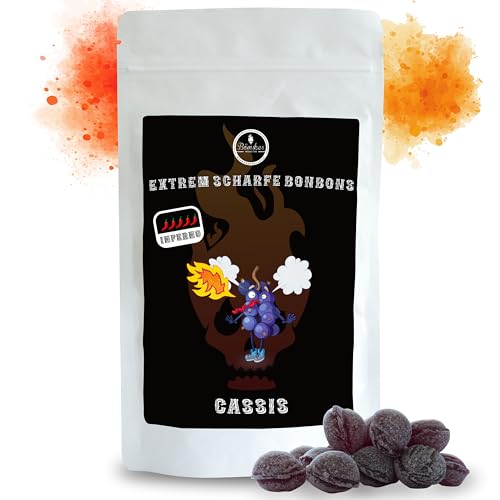 Bömskes Bonbonmanufaktur Extrem scharfe Bonbons Cassis 200g - Extrem scharfe Bonbons mit Cassis Geschmack - Scharfe Bonbons die Eure Geschmacksnerven brennen lassen! von Bömskes Münster Bonbonmanufaktur