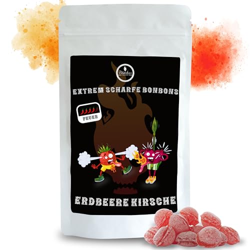 Bömskes Bonbonmanufaktur - scharfe Bonbons Erdbeere-Kirsche 200g - Extrem scharfe Bonbons mit Erdbeere-Kirsche Geschmack - Scharfe Bonbons die Eure Geschmacksnerven brennen lassen! von Bömskes Münster Bonbonmanufaktur