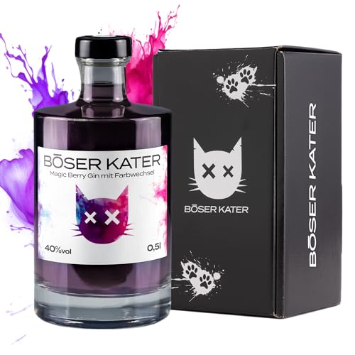 BÖSER KATER Magic Berry Gin | Farbwechsel-Effekt von Violett zu Rot durch Tonic Water | Das perfekte Geschenk in hochwertiger Geschenkbox | Handgemacht mit fruchtigem Beeren-Geschmack 0,5l 40% Vol. von Böser Kater