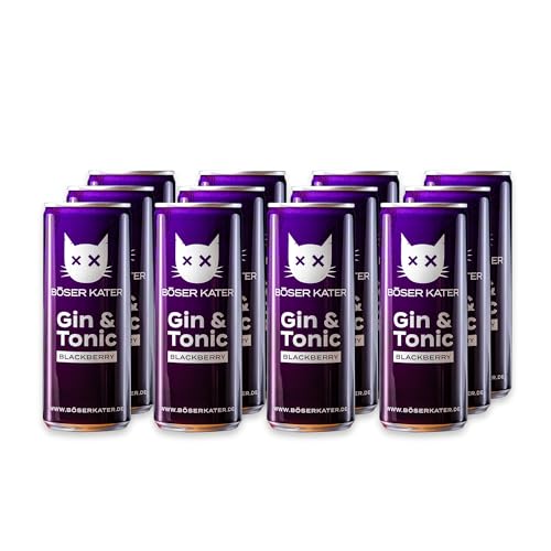 Böser Kater Blackberry, Gin & Tonic Dosen, Lieblicher Brombeer-Geschmack, Erfrischendes Mixgetränk, Handlicher Ready-To-Drink Cocktail, Trinkfertig für unterwegs, 12 x 250 ml - 10% Vol von Böser Kater