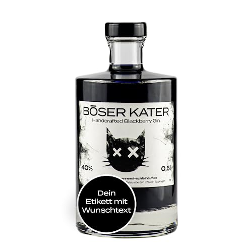 Böser Kater Black Gin, Personalisierter schwarzer Gin mit eigenem Wunschtext, Das perfekte Geschenk, Fruchtiger Blackberry Gin mit Brombeer-Geschmack, Der Katzen Gin, 0,5 l 40% Vol. von Böser Kater