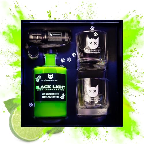 Böser Kater Blacklight Gin Geschenkset | Weltweit erster Schwarzlicht Neon Gin mit Leucht-Effekt | Set mit 2 Gläsern & UV-Taschenlampe | Fruchtiger Limettengeschmack | Geschenkidee | 0,5l 40% Vol. von Böser Kater