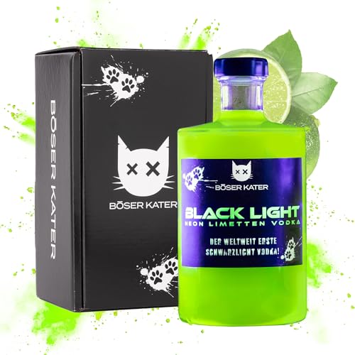 Böser Kater Blacklight Vodka | Weltweit erster Schwarzlicht Neon Vodka mit Leucht-Effekt | Partydrink | Fruchtiger Limettengeschmack | In hochwertiger Geschenkbox | Geschenkidee | 0,5l 40% Vol. von Böser Kater