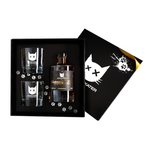 Böser Kater Butterscotch Whisky Likör Geschenkset mit 2 Gläsern, feine Geschmacksnoten von Karamell & Vanille, das perfekte Geschenk in hochwertiger Box, 0,5l 20% Vol. von Böser Kater