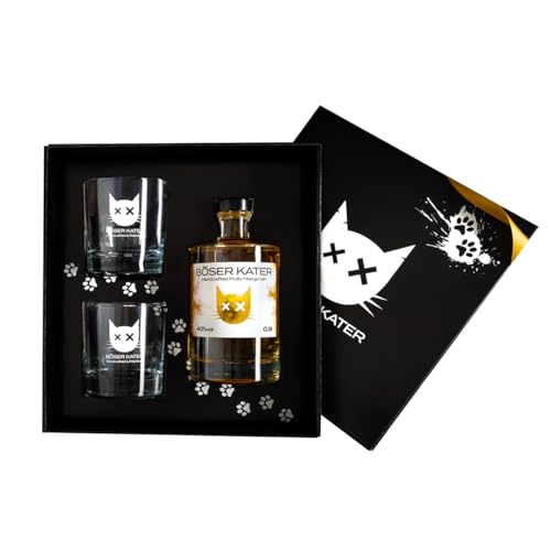 Böser Kater Fruity Mango Gin Geschenkset mit 2 Gläsern, das perfekte Gin Geschenk in hochwertiger Box, 0,5l 40% Vol. von Böser Kater