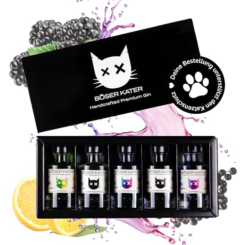 Böser Kater Farbwechsel Gin Tasting-Set | Hochwertige Geschenkbox | Perfekte Geschenkidee | 5 handgemachte Sorten je 100ml Gin | Gin-Tasting zuhause für bis zu 5 Personen von Böser Kater