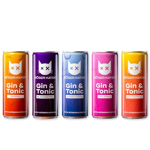 Böser Kater Gin & Tonic Dosen Probierset, 5 fruchtige Geschmacksrichtungen, Erfrischendes Mixgetränk, Handlicher Ready-To-Drink Cocktail, Trinkfertig für unterwegs, 5 x 250 ml - 10% Vol von Böser Kater