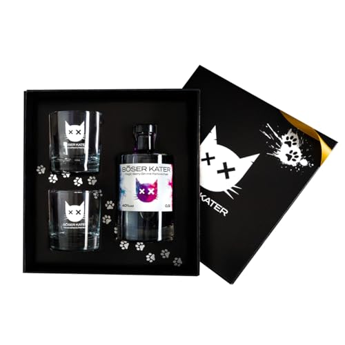 Böser Kater Magic Berry Farbwechsel Gin Geschenkset mit 2 Gläsern, das perfekte Gin Geschenk in hochwertiger Box, Farbwechsel-Effekt von Violett zu Rot durch Tonic Water, 0,5l 40% Vol. von Böser Kater