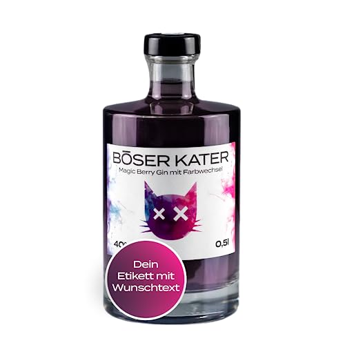 Böser Kater Magic Berry Gin, Farbwechsel-Effekt von Violett zu Pink, Personalisierter Gin mit eigenem Wunschtext, Das perfekte Geschenk, Fruchtiger Geschmack, Der Katzen Gin, 0,5 l - 40% Vol. von Böser Kater