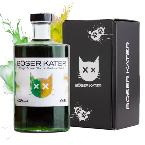 Böser Kater Magic Green Gin | Farbwechsel-Effekt von Grün zu Gelb-Orange durch Tonic Water | Handgemachte limited Edition mit fruchtigen Zitrusfrüchten & Limette | Das perfekte Geschenk 0,5l 40% Vol. von Böser Kater