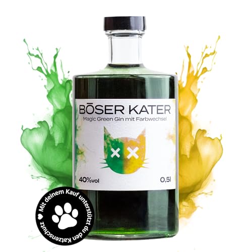 Böser Kater Magic Green Gin | Farbwechsel-Effekt von Grün zu Gelb-Orange durch Tonic Water | Handgemachte limited Edition mit fruchtigen Zitrusfrüchten & Limette | Das perfekte Geschenk 0,5l 40% Vol. von Böser Kater