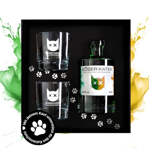 Böser Kater Magic Green Gin Geschenkset mit 2 Gläsern | Farbwechsel-Effekt von Grün zu Gelb-Orange durch Tonic | Das perfekte Gin Geschenk in hochwertiger Box | Fruchtiger Zitrusgeschmack 0,5l 40% von Böser Kater