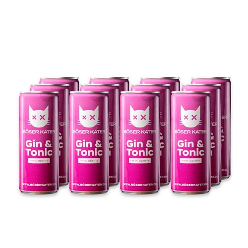 Böser Kater Pink Berry, Gin & Tonic Dosen, Fruchtiger Beeren-Mix-Geschmack, Erfrischendes Mixgetränk, Handlicher Ready-To-Drink Cocktail, Trinkfertig für unterwegs, 12 x 250 ml - 10% Vol von Böser Kater