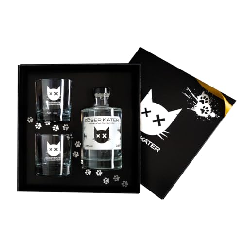 Böser Kater Premium Gin Geschenkset mit 2 Gläsern, das perfekte Gin Geschenk in hochwertiger Box, 0,5l - 40% Vol. von Böser Kater