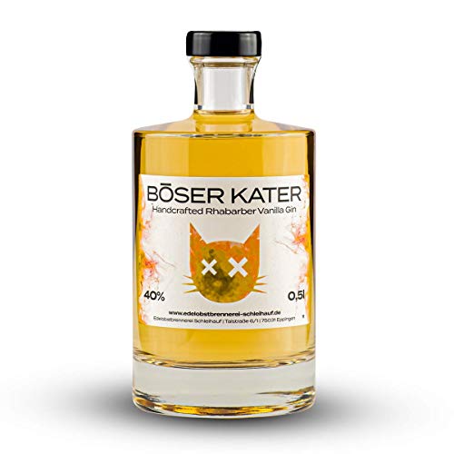 Böser Kater Rhabarber Vanilla Gin, Feiner Vanille-Geschmack, Für spannende Gin Tonic Cocktails, Die perfekte Geschenkidee, Handgemacht mit kleiner Auflage, 0,5l 40% Vol von Böser Kater