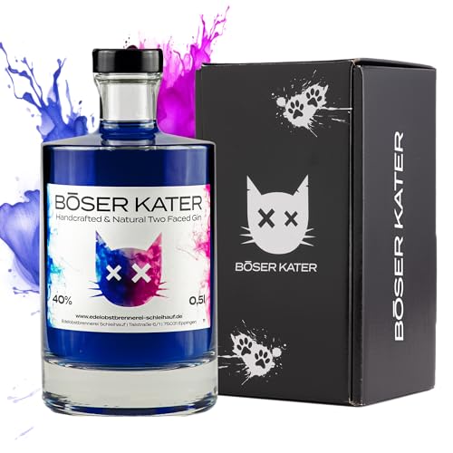 BÖSER KATER Magic Two Faced Gin | Farbwechsel-Effekt von Blau zu Violett durch Tonic Water | Das perfekte Geschenk in hochwertiger Geschenkbox | Handgemacht & perfektionierter Geschmack 0,5l 40% Vol. von Böser Kater