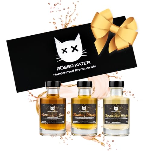 Böser Kater Whisky Tasting Set, das perfekte Geschenk für jeden Anlass in hochwertiger Geschenkbox, Blended Malt Whisky, Bourbon & Butterscotch Likör mit Whisky, 3x 0,1l 40% Vol. von Böser Kater