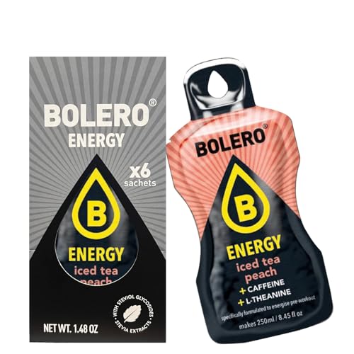 6 x 7g Bolero Energy Getränkepulver Eistee Pfirsich I Energy Kick durch Koffein I Guarana-Samenextrakt I glutenfrei, vegan I zuckerfrei I Handliche Portionsbeutel (1) von Bolero