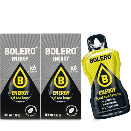 Bolero Energy Getränkepulver 12 x 7g Eistee Zitrone I Energy Kick durch Koffein I Grüntee-Extrakt I Ginseng-Wurzel-Extrakt I glutenfrei, vegan I Handliche Portionsbeutel von Bolero