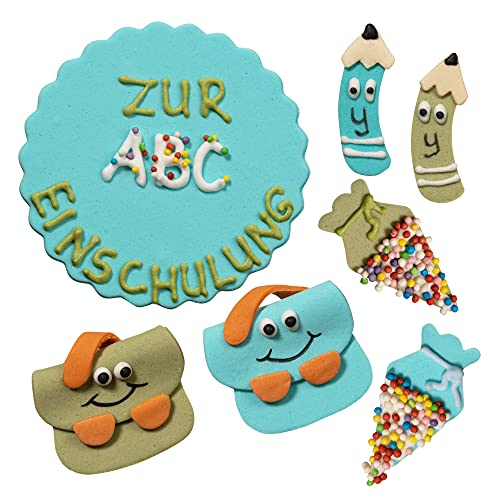 Bombasei Jungen Einschulung Fondant Deko Set 25 Tlg. | essbare Einschulung Tortendeko | ABC Kuchendeko Schulanfang | Zuckerdekor für Torten | HANDMADE IN EU | Neue bruchsichere Verpackung von Bombasei decor