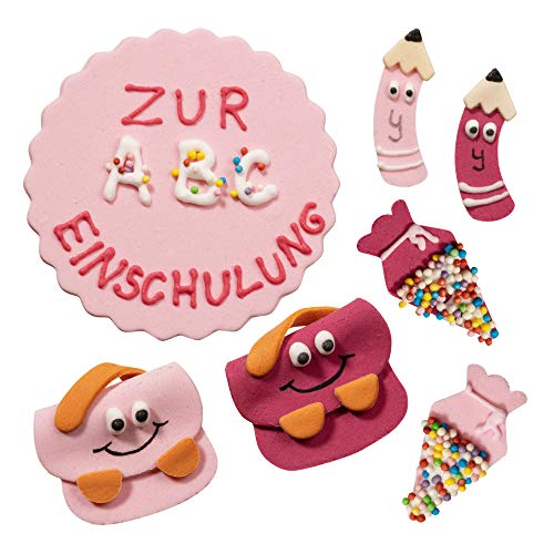 Bombasei Mädchen Einschulung Fondant Deko Set 25 Tlg. | essbare Einschulung Tortendeko | ABC Kuchendeko Schulanfang | Zuckerdekor für Torten | HANDMADE IN EU | Neue bruchsichere Verpackung von Bombasei decor