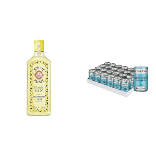 Bombay Citron Pressé Premium Distilled Lemon Flavoured Gin, per Dampfinfusion hergestellt mit den besten Zitronen vom Mittelmeer70 cl/700 ml mit Fever Tree Mediterranean Tonic 24 x 150ml Dose von Bombay Sapphire