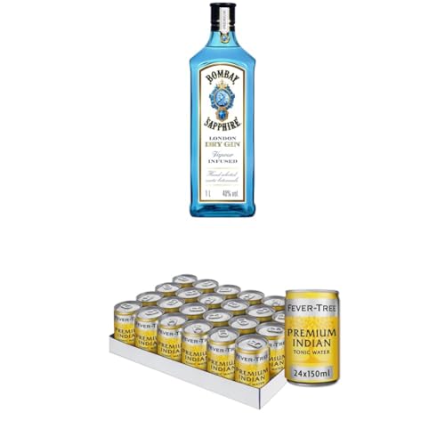 Bombay Sapphire Distilled London Dry Gin, per Dampfinfusion hergestellt mit 10 erlesenen exotischen Botanicals, ideal für die Hausbar und als Geschenk, mit Fever Tree Indian Tonic 24 x 150ml Dose von Bombay Sapphire