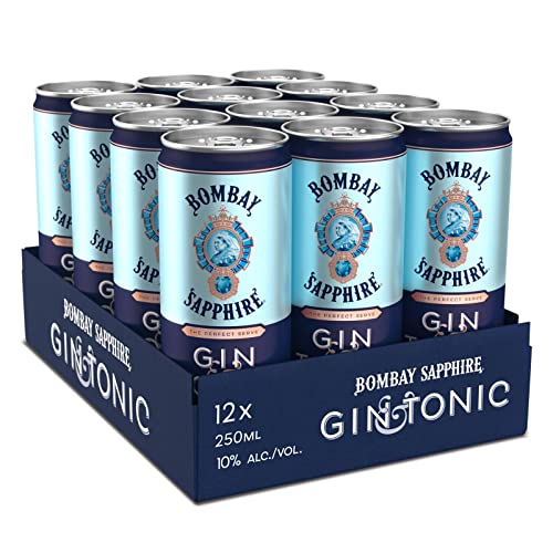 Bombay Sapphire Premium Gin & Tonic, 10% Vol., 12x 25 cl/250 ml, Ready-To-Drink Cocktail in der Dose, trinkfertiger Mix mit per Dampfinfusion hergestelltem London Dry Gin und Premium-Tonic von Bombay Sapphire