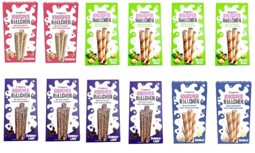 12 x Knusperröllchen Tise Capico Mixbox a 75g (4xHaselnuss, 2x Vanille,4 x Schokolade, 2 x Erdbeere)) Waffelröllchen Knusper Röllchen + Space Riegel von Onlineshop Bormann von Bormann