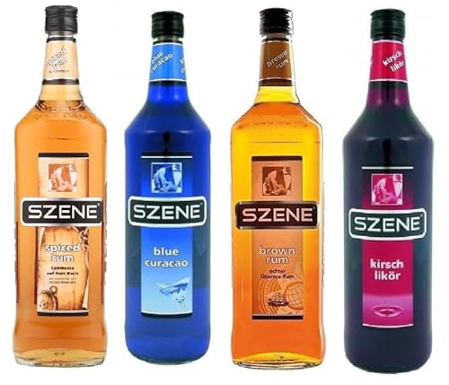 4 Flaschen Szene Party Mix Mix Paket (Kirschlikör,Blue Curacao,Spiced Rum a 1000ml + 1 x Tequila Gold a 700ml+ Space Keks gratis a 45 g von Onlineshop Bormann von Bormann