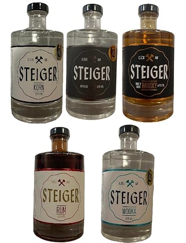 5 Flaschen Steiger Mix Whisky Rum Korn Gin Wodka aus 5 Sorten a 0,5 L (32-42% vol.) + Space Keks gratis a 45 g von Onlineshop Bormann von Bormann