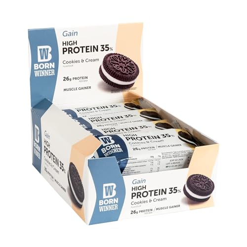 BW Born Winner BornWinner Gain, High Protein Riegel, Coockies & Cream, 35 Prozent Eiweißgehalt, 26 g Protein pro Riegel, Muscle Gainer, 12x75g von Born Winner