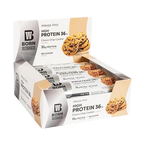 BW Born Winner BornWinner Mega Pro, High Protein Riegel, Choco Chip Cookie, 36 Prozent Eiweißgehalt, 31 g Protein pro Riegel, 12x85g von Born Winner