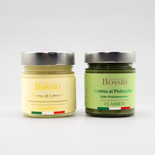 Bossio Pistaziencreme und weiße Schoko-Zitronencreme (2x200g) - Pistazien aus Sizilien, Frische der Zitrone made in Italy - Pistazien Zitronen Mix für Frühstück, Dessert, Backen, Pancakes, Waffeln von Bossio