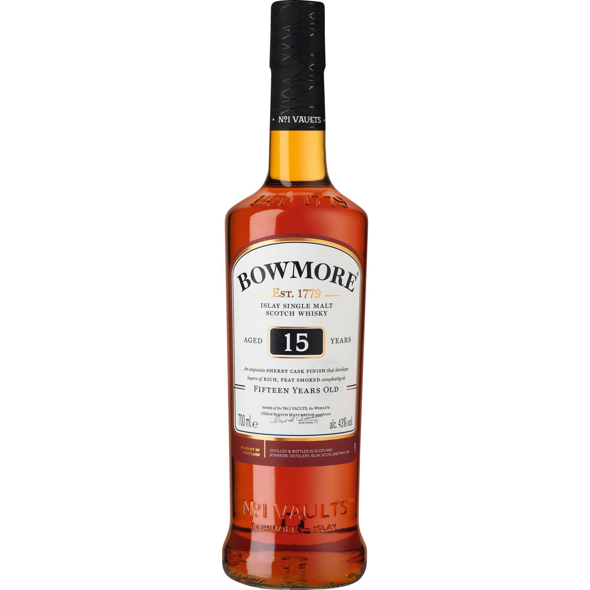 Bowmore 15 Years Islay Single Malt Scotch Whisky, 0,7 L, 43% Vol., Schottland, Spirituosen von Bowmore Distillery, School St, Bowmore Isle of Islay, Argyll PA43 7JS, United Kingdom