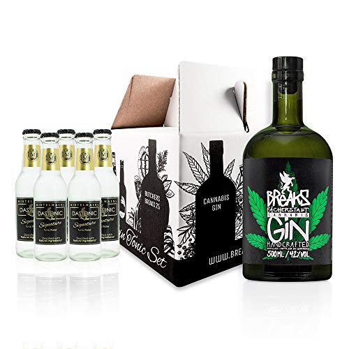 Breaks CANNABIS Gin I Premium Gin mit Hanfblüten & Hanfblättern I Geschmack: Kräftig mit aromatischer Kräuternote I Handgemacht in Deutschland I Set mit 0,5 L Gin + 5 Flaschen Fever Tree Tonic Water von Breaks