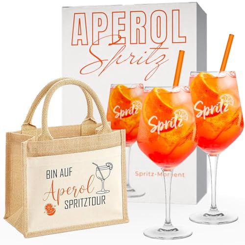 Aperol Spritz Geschenkset "Auf Spritztour" | Für den perfekten Genussmoment - 2 hochwertige Aperol Gläser, 2 Glasstrohhalme & praktische Jutetasche | Aperol Geschenk für besondere Anlässe von Breezio