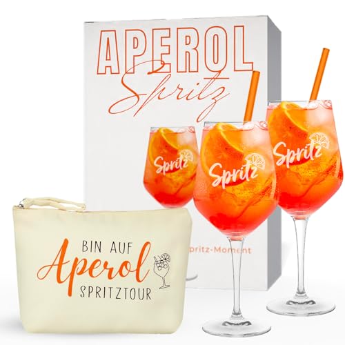 Aperol Spritz Geschenkset "Auf Spritztour" | Für den perfekten Genussmoment - 2 hochwertige Aperol Gläser, 2 Glasstrohhalme & praktische Kosmetiktasche | Aperol Geschenk für besondere Anlässe von Breezio