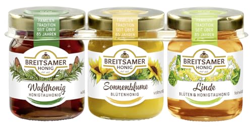 Breitsamer Honig Dreierlei 3 x 67g - Waldhonig, Sonnenblumenhonig und Lindenhonig - Drei leckere Sorten zum Probieren oder als Geschenk (insgesamt 201g Honig) von Breitsamer