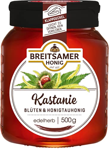 Breitsamer Honig Kastanie edel 500g - Flüssiger Kastanienhonig, herb würzig im Geschmack mit praktischem Klappdeckel (1 x 500g) (Packung mit 6) von Breitsamer