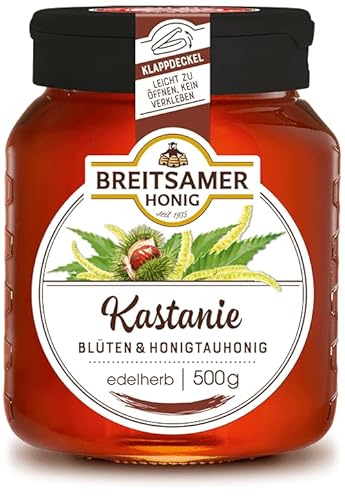 Breitsamer Honig Kastanie edel 500g - Flüssiger Kastanienhonig, herb würzig im Geschmack mit praktischem Klappdeckel (500g (2er Pack)) von Breitsamer