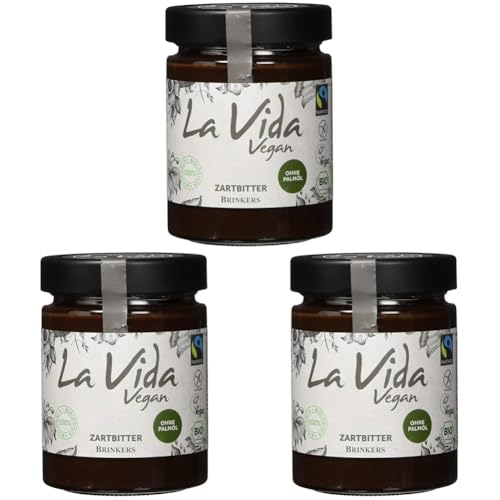 Brinkers La Vida Vegan Zartbitter-Creme 270 g, Ideal zum Frühstück aufs Brötchen, veganer Bio Brotaufstrich, glutenfrei und Palmölfrei (Packung mit 3) von Brinkers