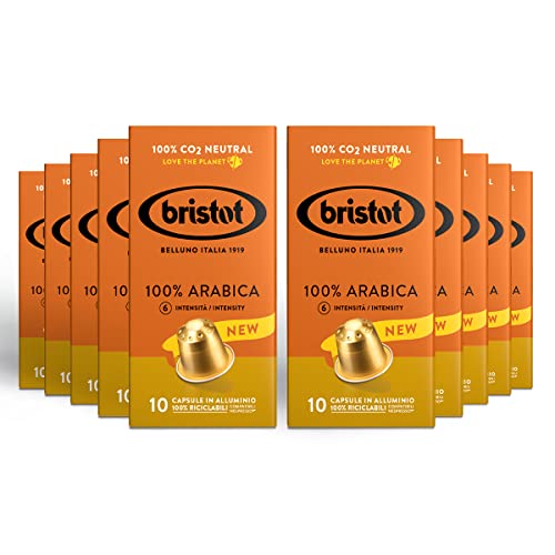 Bristot, 100% Kaffee Arabica – 100 Kapseln kompatibel mit Nespresso – Kaffeemischung aus Mittelamerika und Brasilien, Schokolade und Trockenfrüchtenoten – 10 Packungen pro 10 Aluminium-Kapseln von Bristot