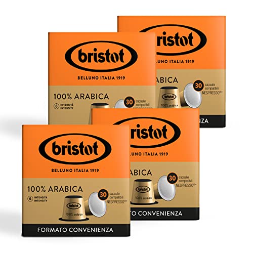 Bristot, 100% Kaffee Arabica – 120 Kapseln kompatibel mit Nespresso – Kaffeemischung aus Mittelamerika und Brasilien, Schokolade und Trockenfrüchtenoten – 4 Packungen pro 30 Kapseln von Bristot