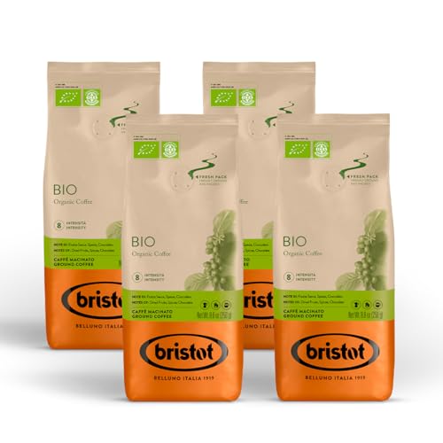 Bristot, BIOLOGISCHER Gemahlener Kaffee - Insgesamt 1 kg - Pulverkaffee für Moka, Mischung aus Zentralamerika und Indien, leichte Säure und angenehmer Geschmack - Set mit 4 Packungen pro 250 g von Bristot